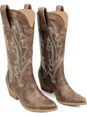 〽️Women's Mid-Calf Cowgirl Boot Brown Floral Leather Pointy Toe Chunky Heel